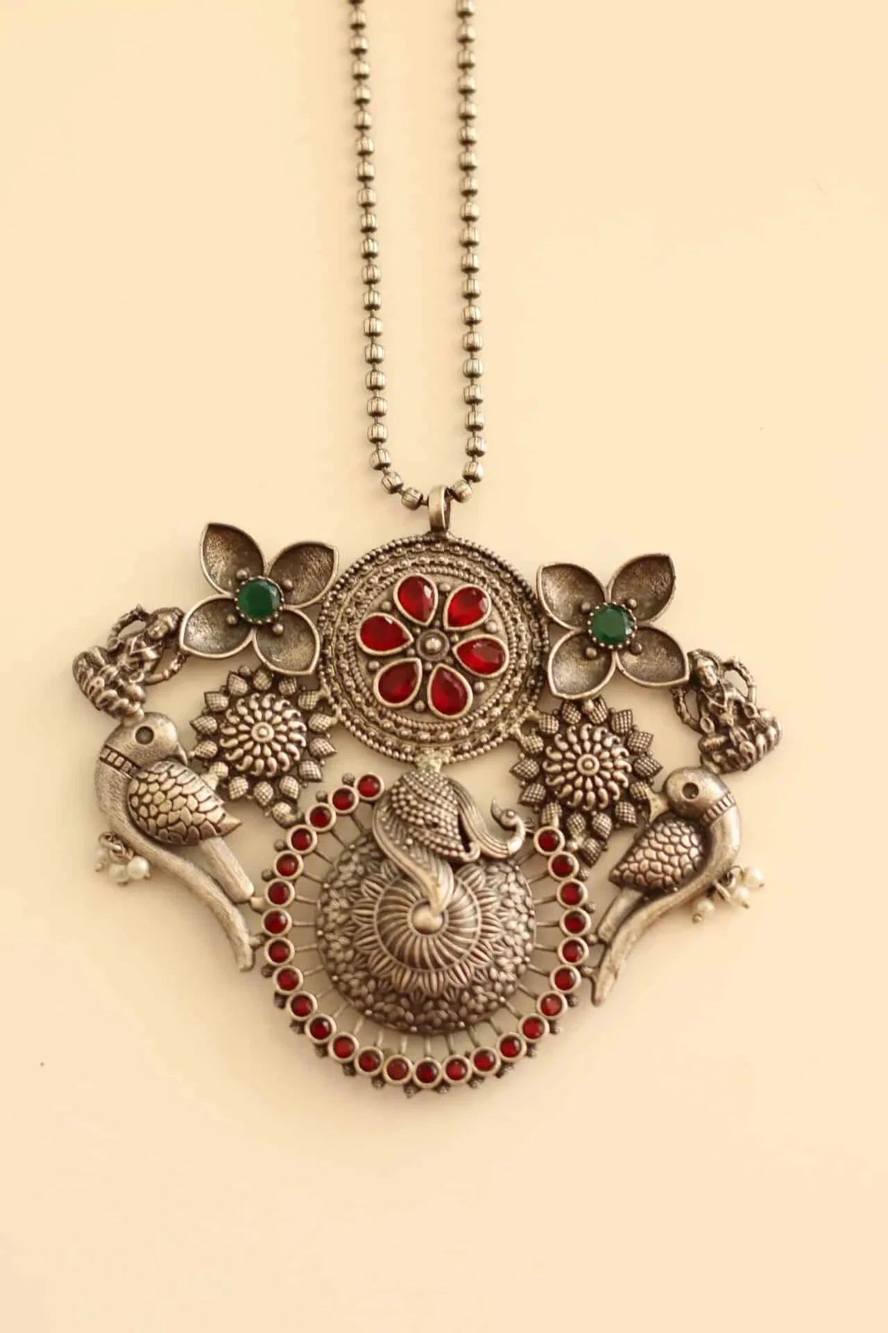 Contemporary German Silver long necklace with red and green stone work