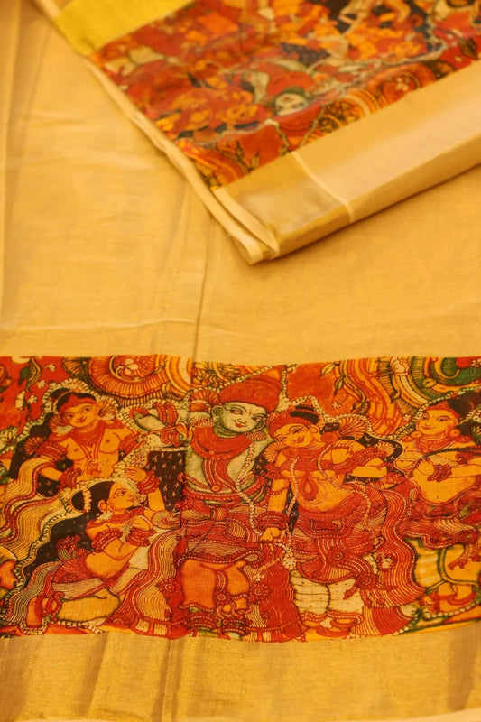 Onam Gold Silk Saree with Temple Painting in Print