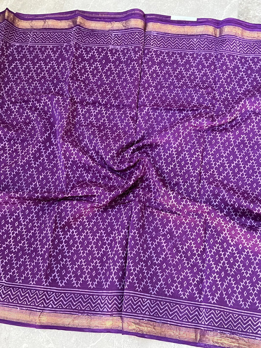 Pure Maheshwari Silk Cotton Saree with Ajrakh prints β Purple