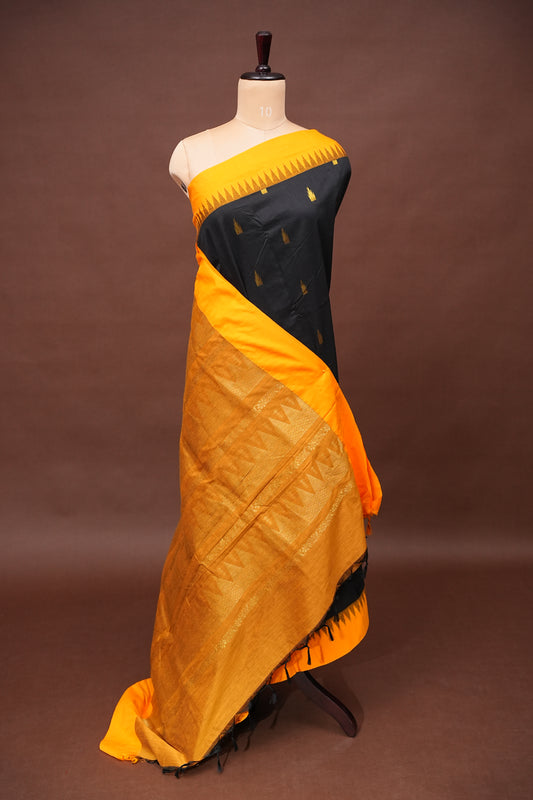 Temple Border Silk Cotton Saree - Black