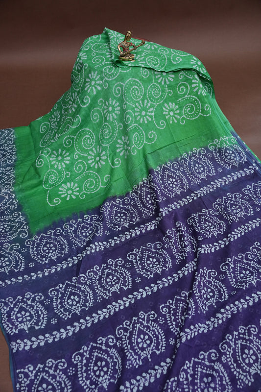 Batik Printed Mulmul Cotton Saree - Green