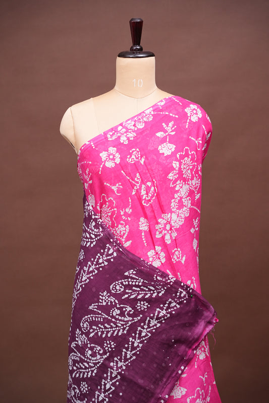 Batik Printed Mulmul Cotton Saree - Pink