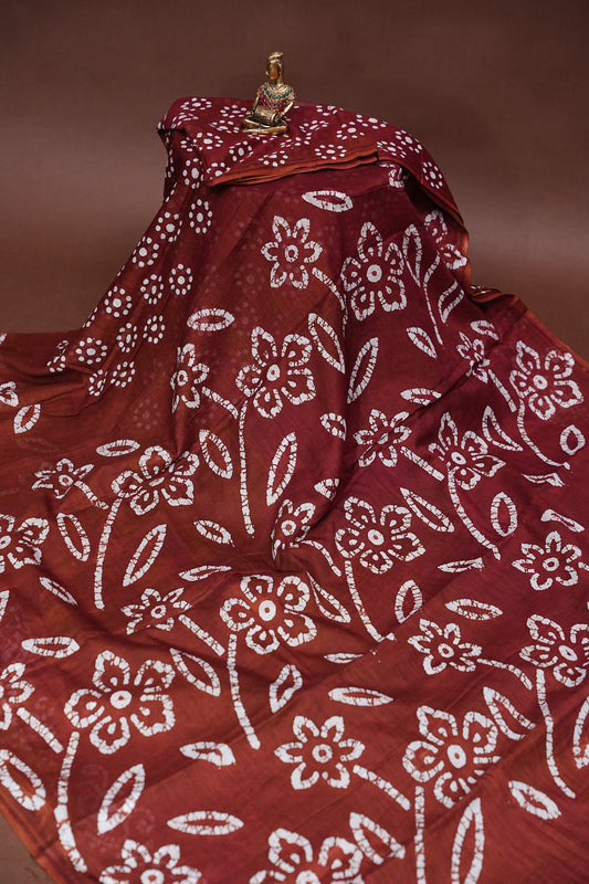 Batik Printed Mulmul Cotton Saree - Brown