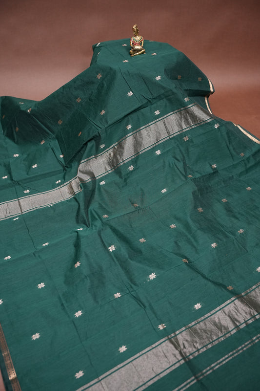 Maheshwari Silk Cotton Saree - Bottle Green
