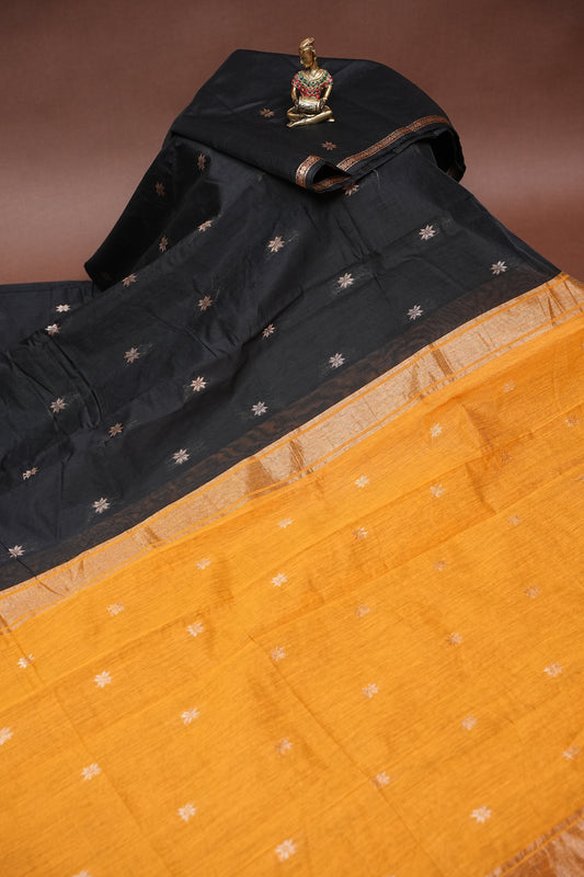 Maheshwari Silk Cotton Saree - Black & Mustard