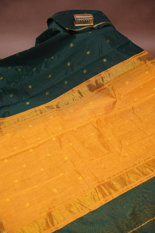 Maheshwari Silk Cotton Saree - Green and Mustard