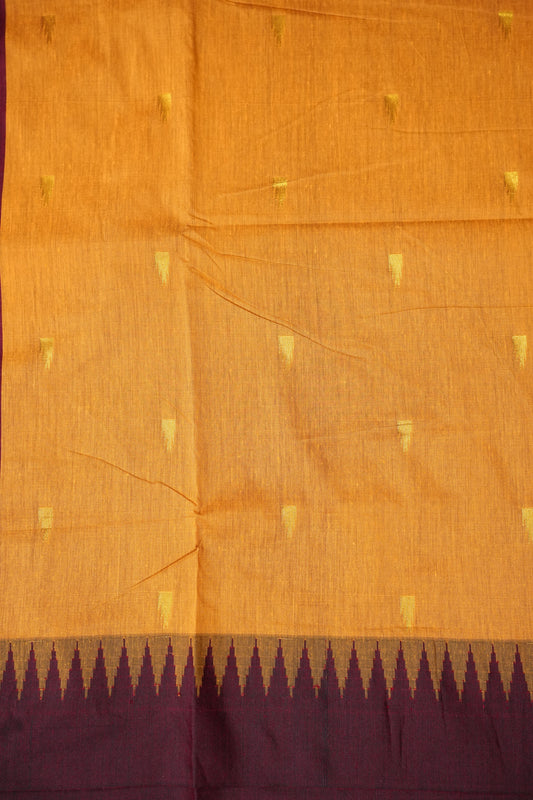 Temple Border Silk Cotton Saree - Mustard and Maroon