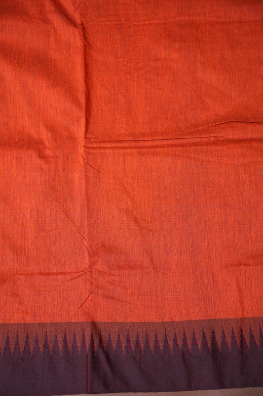 Temple Border Silk Cotton Saree - Orange and Maroon