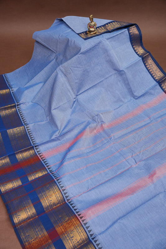 Kanchi Cotton Sarees - Bluish Grey with Blue Border