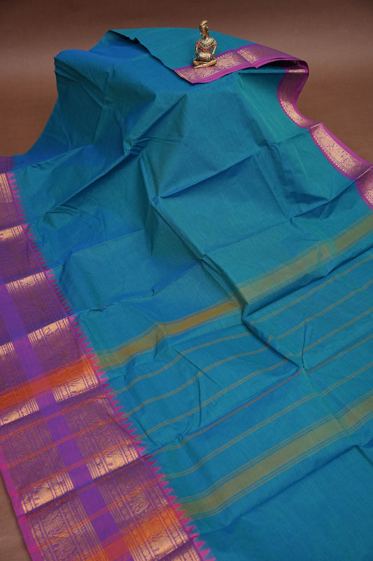 Kanchi Cotton Sarees - Peacock Blue with Purple Border