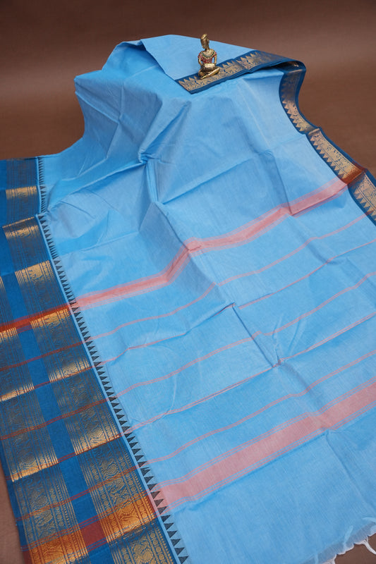 Kanchi Cotton Sarees - Baby Blue With Contrast Border