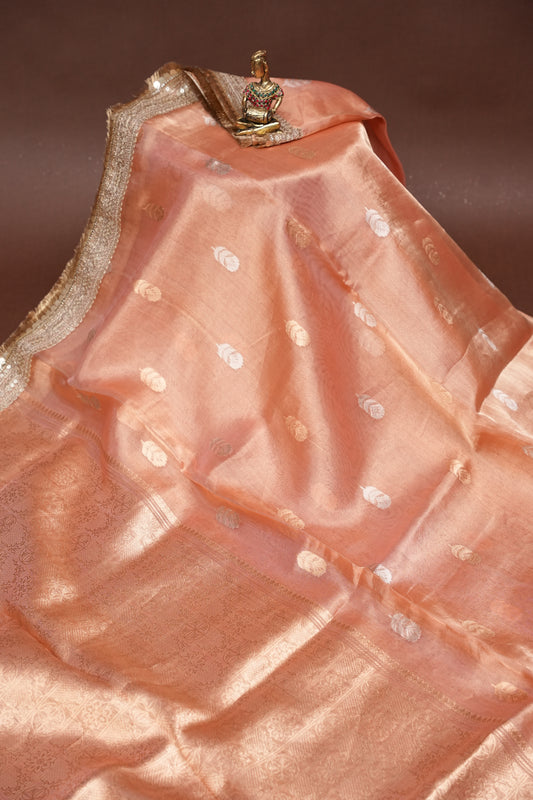 Peach Tissue Organza Pure Silk Saree