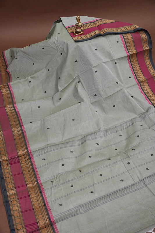 Kanchi Cotton Sarees - Grey With Contrast Retta Pettu Border
