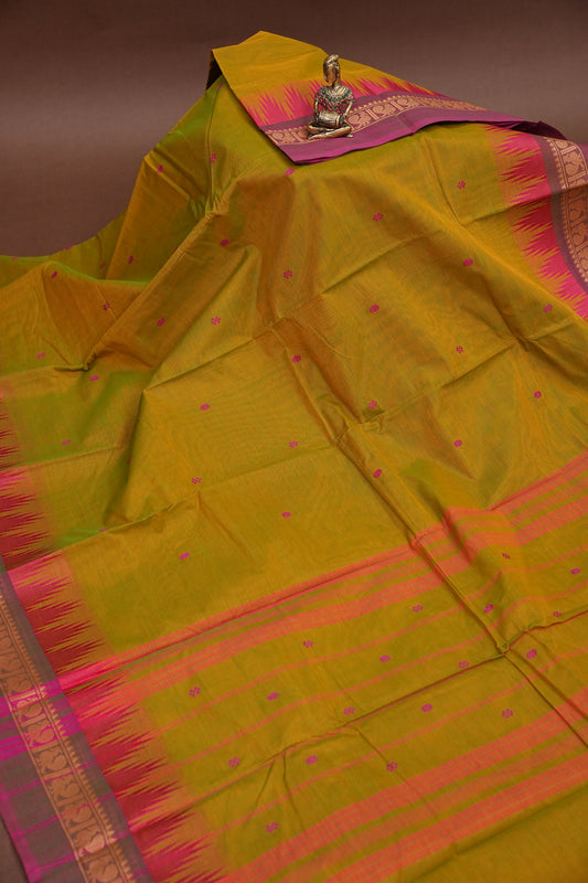 Kanchi Cotton Sarees - Mustard Yellow With Contrast Border
