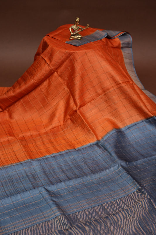 Pure Tussar Silk Saree with Gold Zari Checks & Hand-Painted Kalamkari Blouse