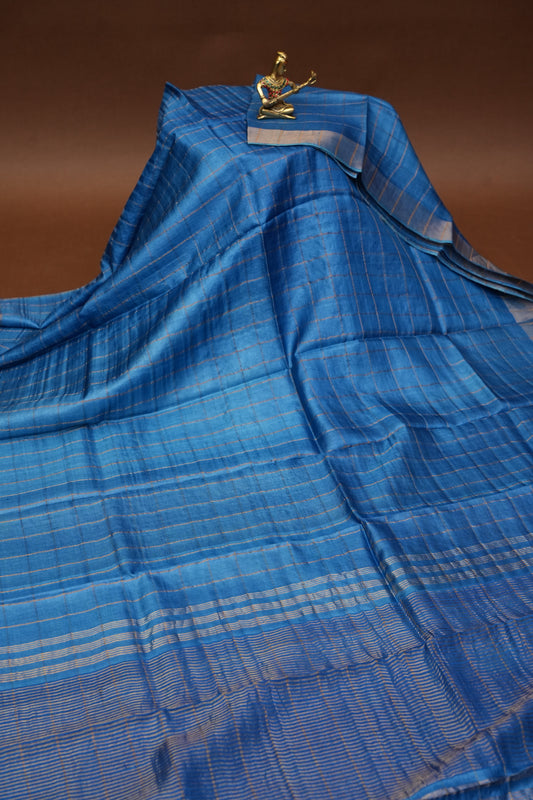Pure Tussar Silk Saree with Gold Zari Checks & Hand-Painted Kalamkari Blouse