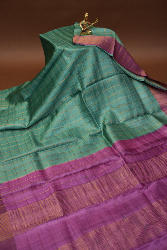 Pure Tussar Silk Saree with Gold Zari Checks & Hand-Painted Kalamkari Blouse