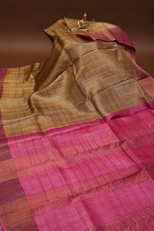 Pure Tussar Silk Saree with Gold Zari Checks & Hand-Painted Kalamkari Blouse