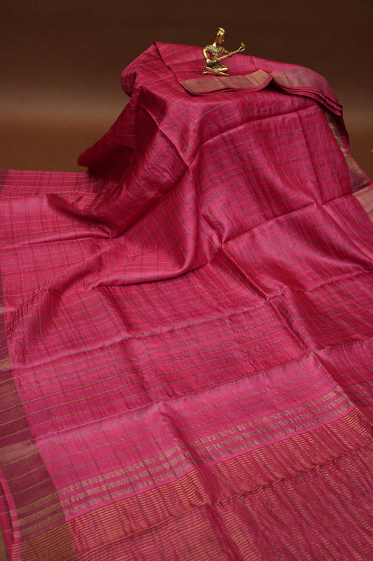Pure Tussar Silk Saree with Gold Zari Checks & Hand-Painted Kalamkari Blouse