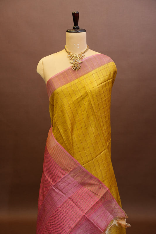 Pure Tussar Silk Saree with Gold Zari Checks & Hand-Painted Kalamkari Blouse