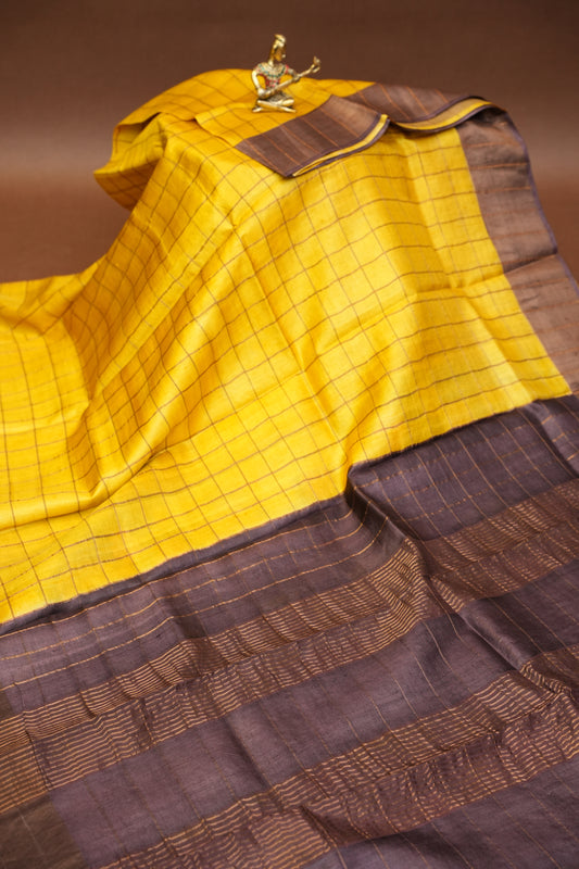 Pure Tussar Silk Saree with Gold Zari Checks & Hand-Painted Kalamkari Blouse