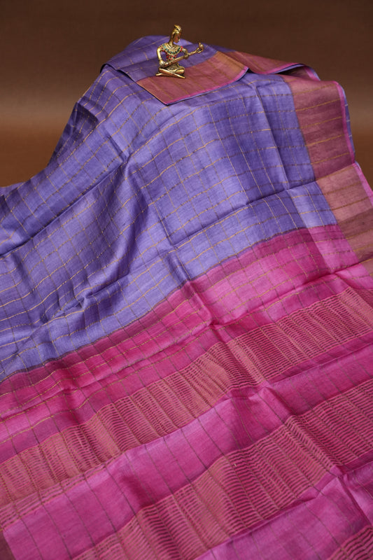 Pure Tussar Silk Saree with Gold Zari Checks & Hand-Painted Kalamkari Blouse