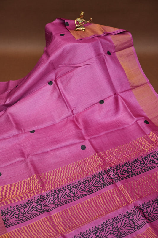 Geometric Patterned Pure Tussar Silk Saree - Pink