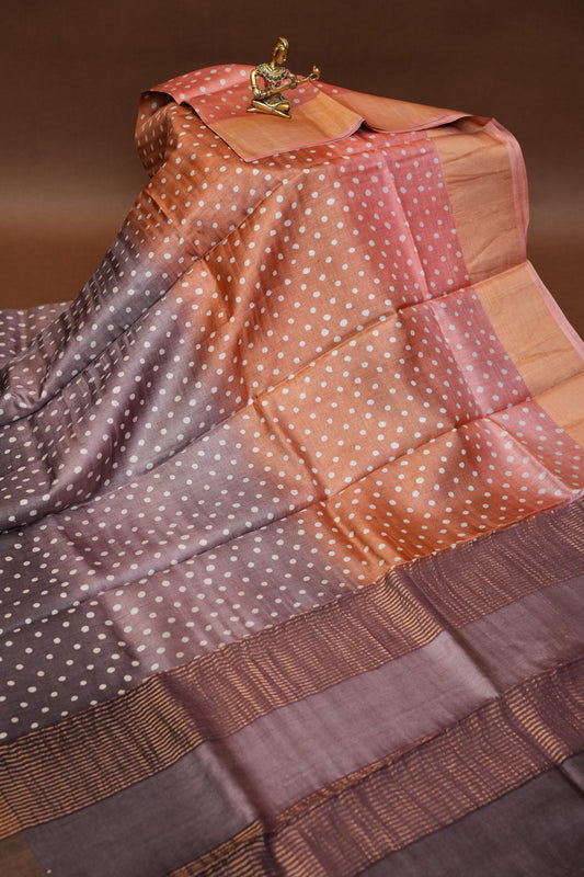 Geometric Patterned Pure Tussar Silk Saree - Multitoned