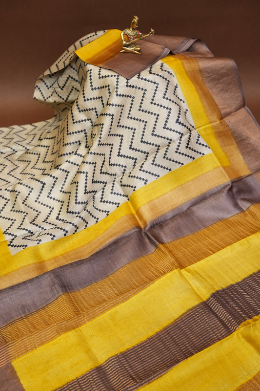 Geometric Patterned Pure Tussar Silk Saree - Lemon Yellow & Black