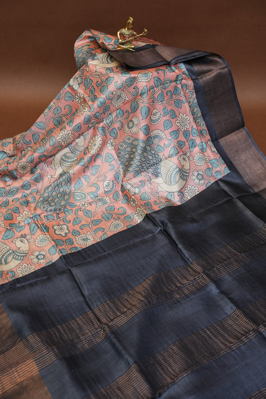 Purely Handpainted Kalamkari Tussar Silk Saree
