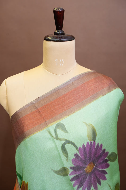 Floral Printed Pure Tussar Silk Saree - Pistachio