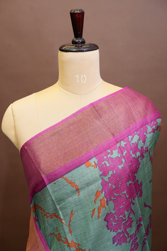 Floral Printed Pure Tussar Silk Saree - Teal Green