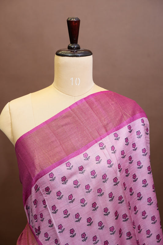 Floral Printed Pure Tussar Silk Saree - Pink