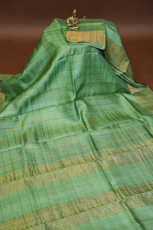 Pure Tussar Silk Saree with Gold Zari Checks & Hand-Painted Kalamkari Blouse