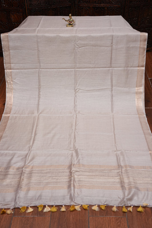 Plain Pure Tussar Silk Saree with Gold Zari Border-Half White