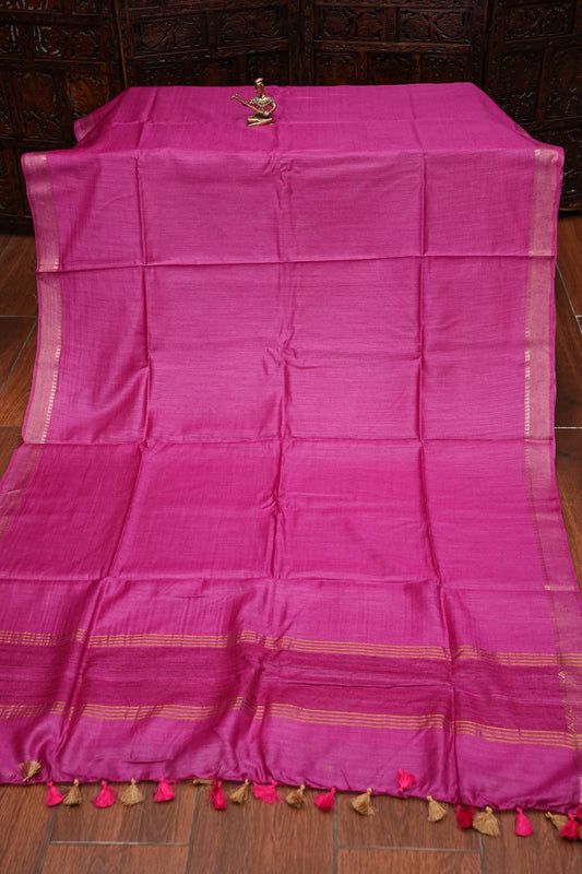 Plain Pure Tussar Silk Saree with Gold Zari Border-Pink