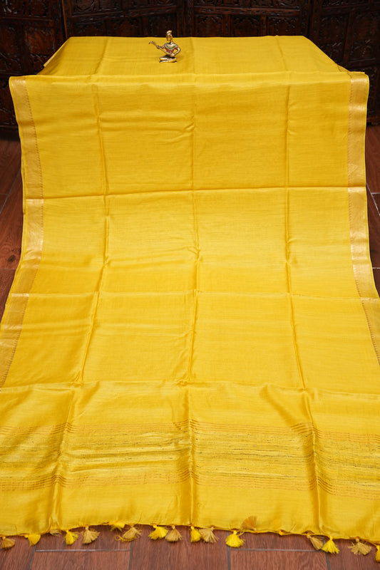 Plain Pure Tussar Silk Saree with Gold Zari Border-Yellow