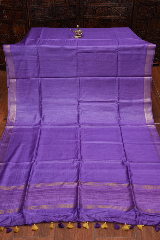 Plain Pure Tussar Silk Saree with Gold Zari Border-Purple