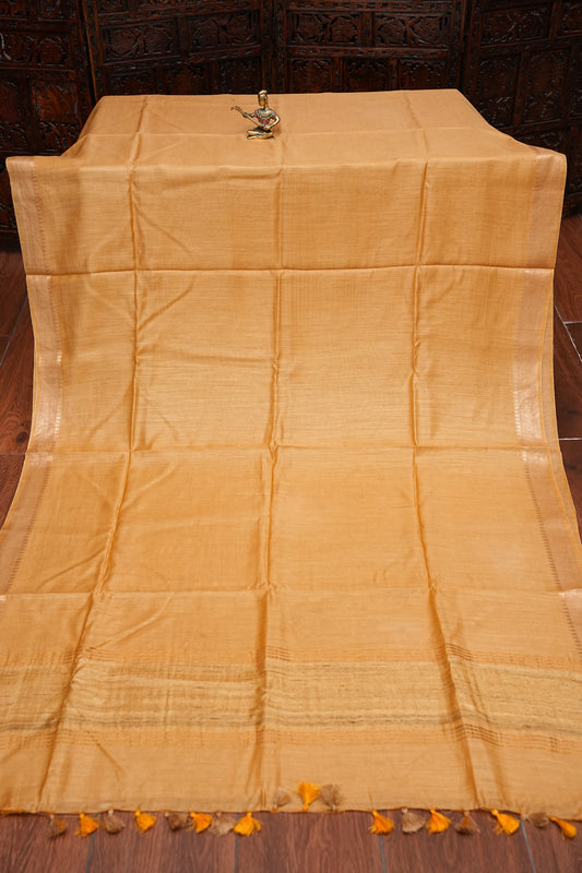 Plain Pure Tussar Silk Saree with Gold Zari Border-Beige