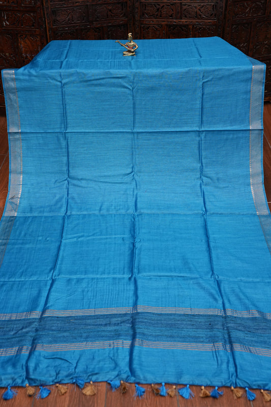 Plain Pure Tussar Silk Saree with Gold Zari Border-Blue