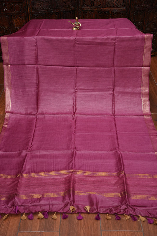 Plain Pure Tussar Silk Saree with Gold Zari Border-Wine