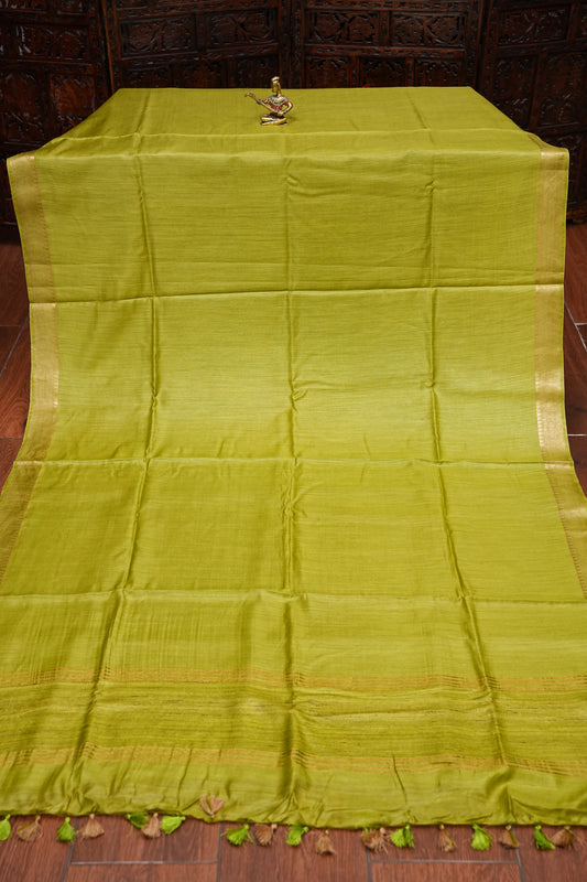 Plain Pure Tussar Silk Saree with Gold Zari Border-Green