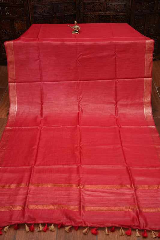 Plain Pure Tussar Silk Saree with Gold Zari Border-Red