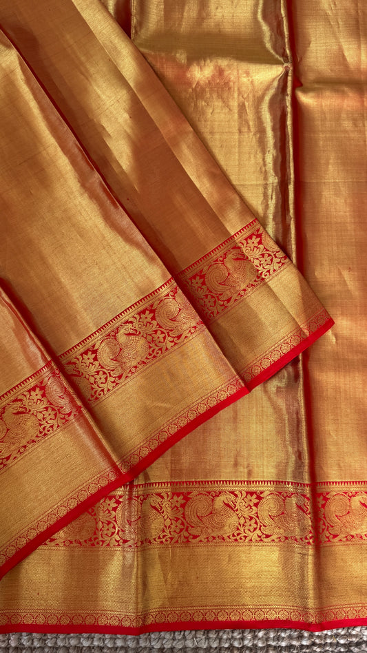 Pure Handloom Tissue Kanchivaram Silk Saree β Gold and Red Bridal Saree