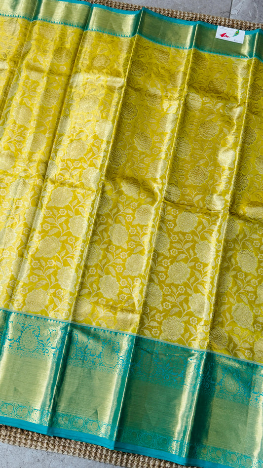Pure Tissue Kanjivaram Silk Saree โ Yellowish Gold Body with Blue Border