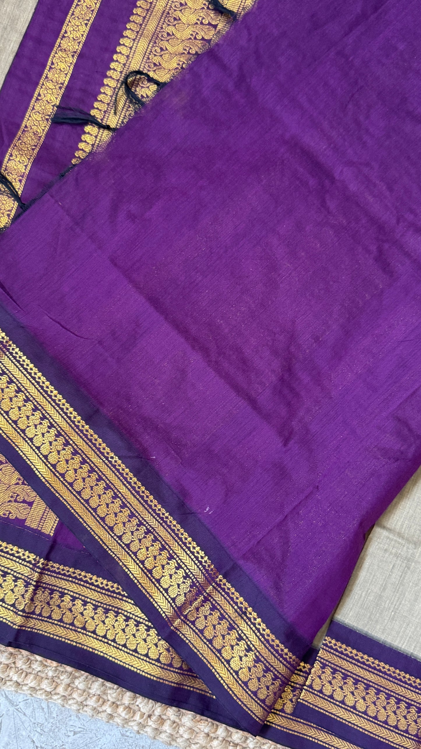 Purely Hand-Woven - Grey Cotton Silk Saree with Purple Pallu and Blouse
