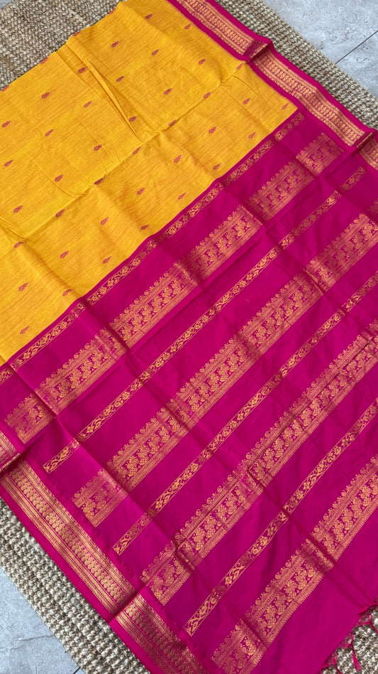 Purely Hand-Woven - Yellow Cotton Silk Saree with Hot Pink Border