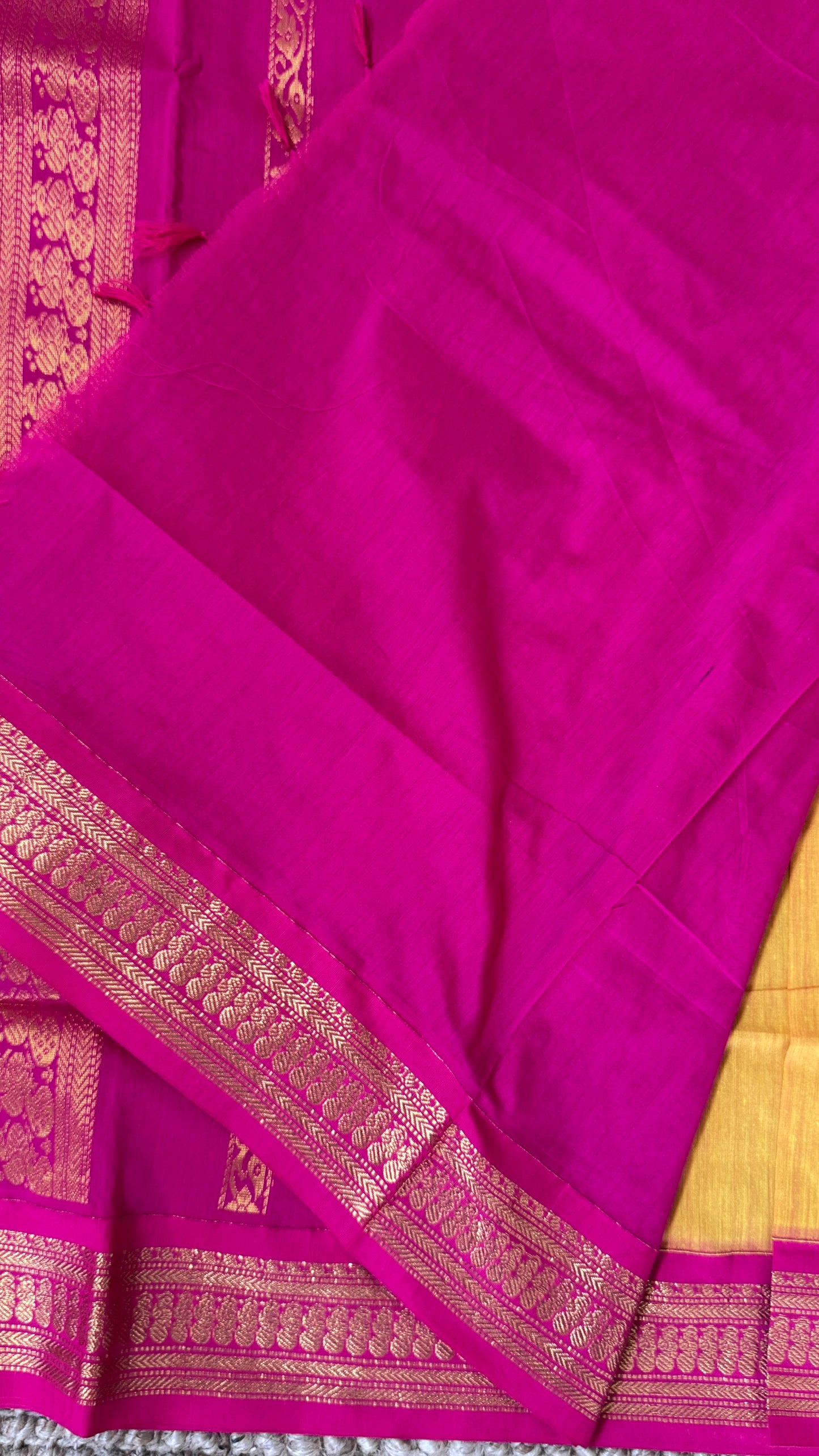 Purely Hand-Woven - Yellow Cotton Silk Saree with Hot Pink Border
