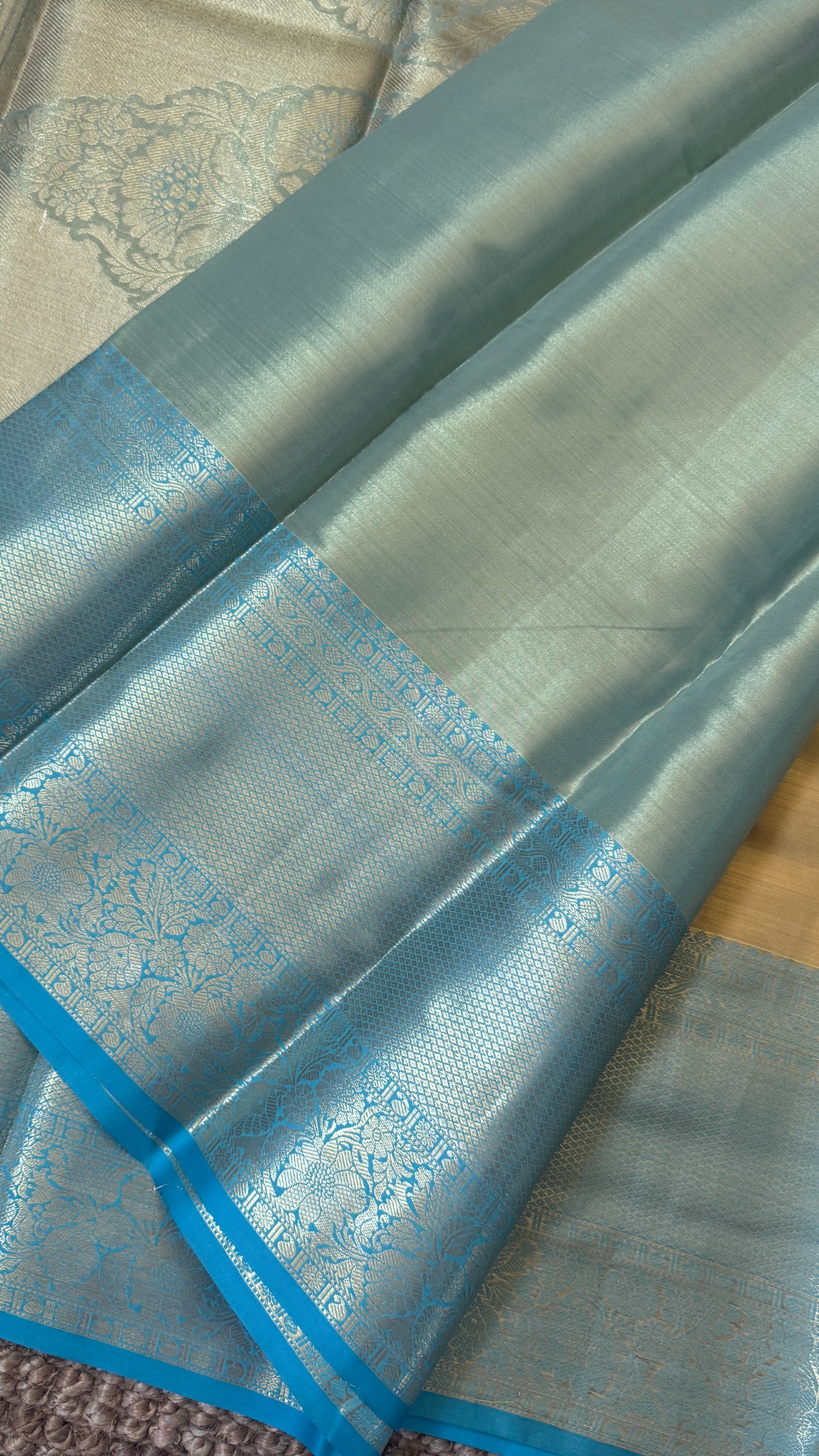 Semi Silk Saree – Light Gold Body with Blue Border