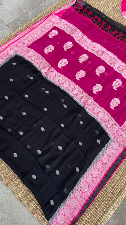 Pure Khaddi Chiffon Banarasi Silk Saree β Black and Pink contrast